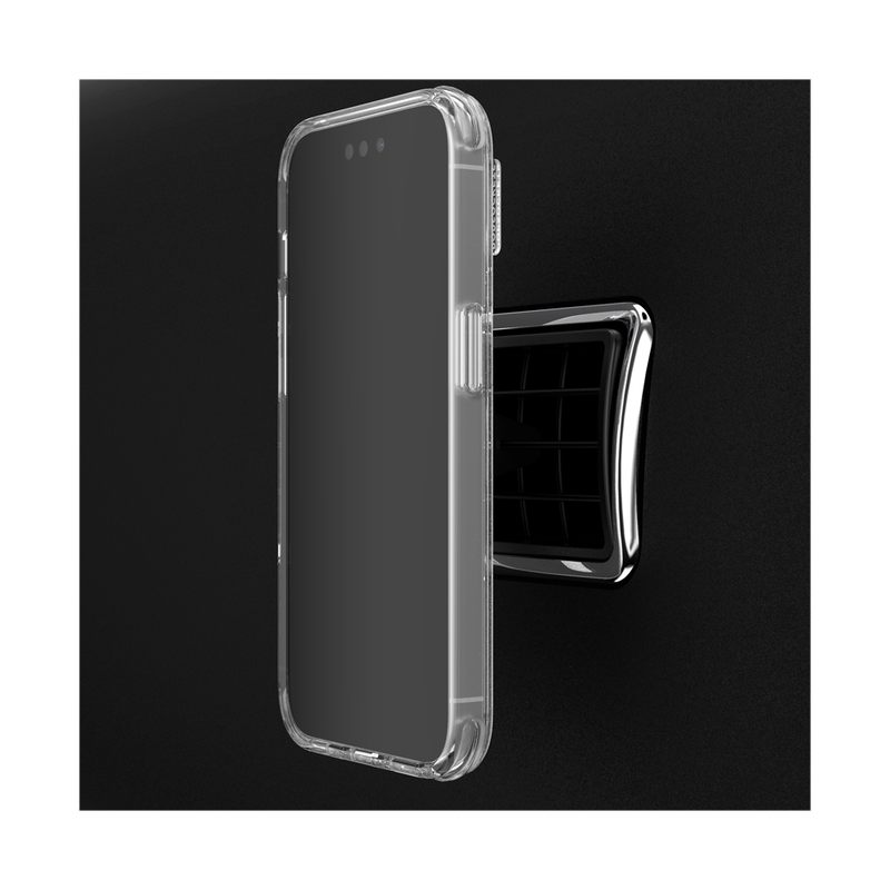  A smartphone with a clear case is shown mounted on a Black MagSafe Car Vent PopMount 2, which is attached to a car's air vent. The air vent has a chrome trim around it, adding a touch of elegance to the setup. The phone is securely held in place by the mount, demonstrating the PopMount's capability to provide a stable and adjustable platform for hands-free use while driving.