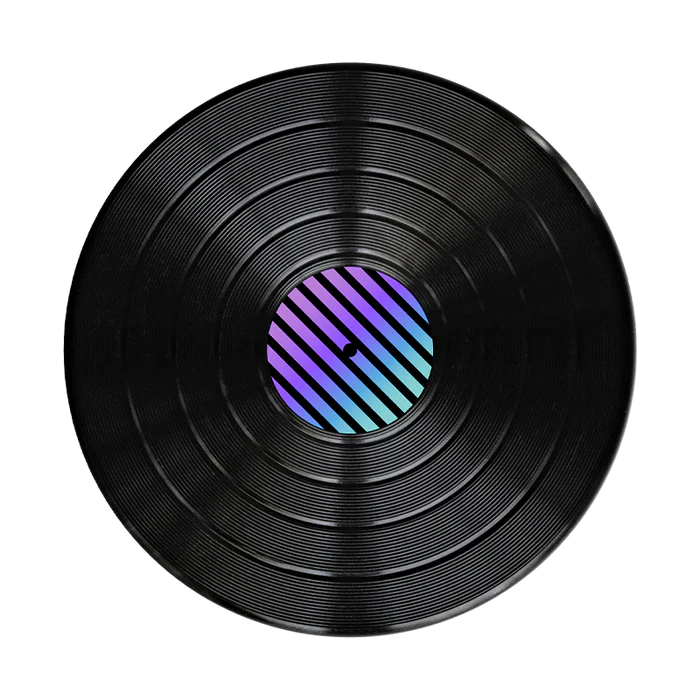 Close-up view of a PopSockets Retro Vinyl Backspin PopGrip featuring a black vinyl record design. The top of the PopGrip has circular grooves mimicking a vinyl record, with a small central label that has a gradient pattern of blue and purple stripes. The black grooves are detailed and extend across the entire surface of the circular grip.