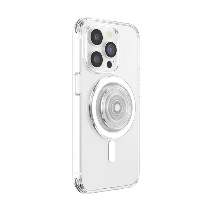 A smartphone with a clear case is shown with a PopSockets Clear PopGrip for MagSafe attached to its back. The PopGrip features a round, transparent surface with a clear base, positioned centrally on the phone's back. The phone's camera lenses are visible at the top, highlighting the PopGrip's sleek and modern design, which complements the phone's aesthetics while providing a practical grip for easier handling