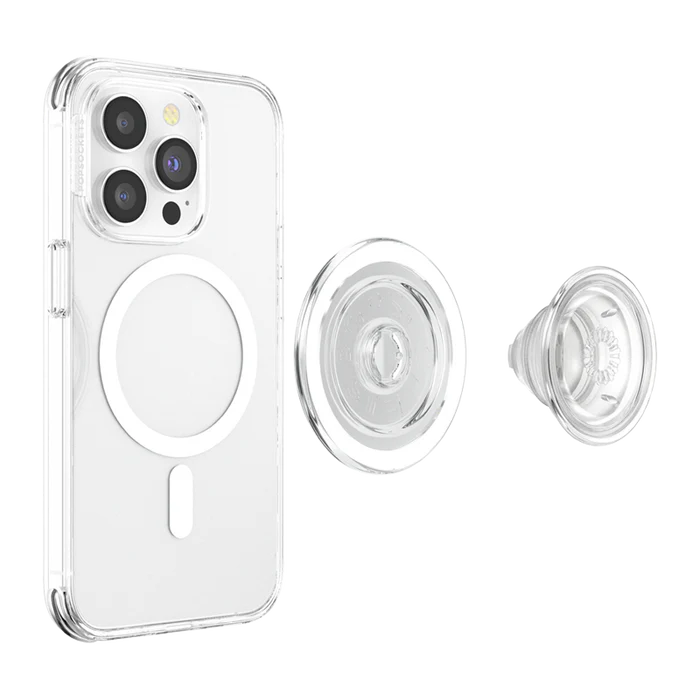  A smartphone with a clear case is shown alongside a disassembled PopSockets Clear PopGrip for MagSafe. The components include the PopGrip's base and the extended grip, both transparent. The phone has a circular MagSafe area visible on its back, indicating the attachment point for the PopGrip. The image highlights the sleek, clear design of the PopGrip, which complements the phone's aesthetics and demonstrates its compatibility with MagSafe technology.