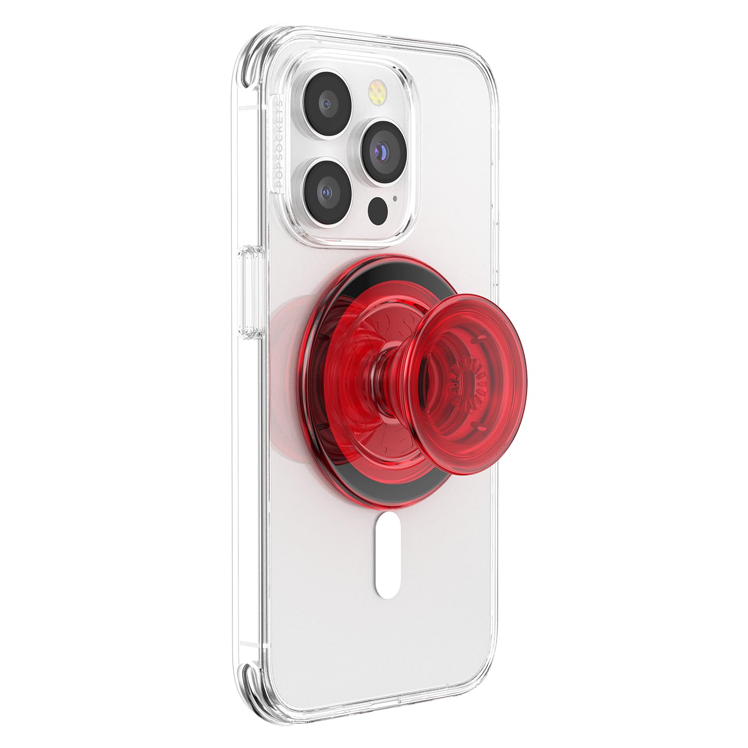 A clear smartphone case with a vibrant red PopSocket grip attached. The grip features a transparent design with black accents, securely mounted to the back of the case for added functionality and style.