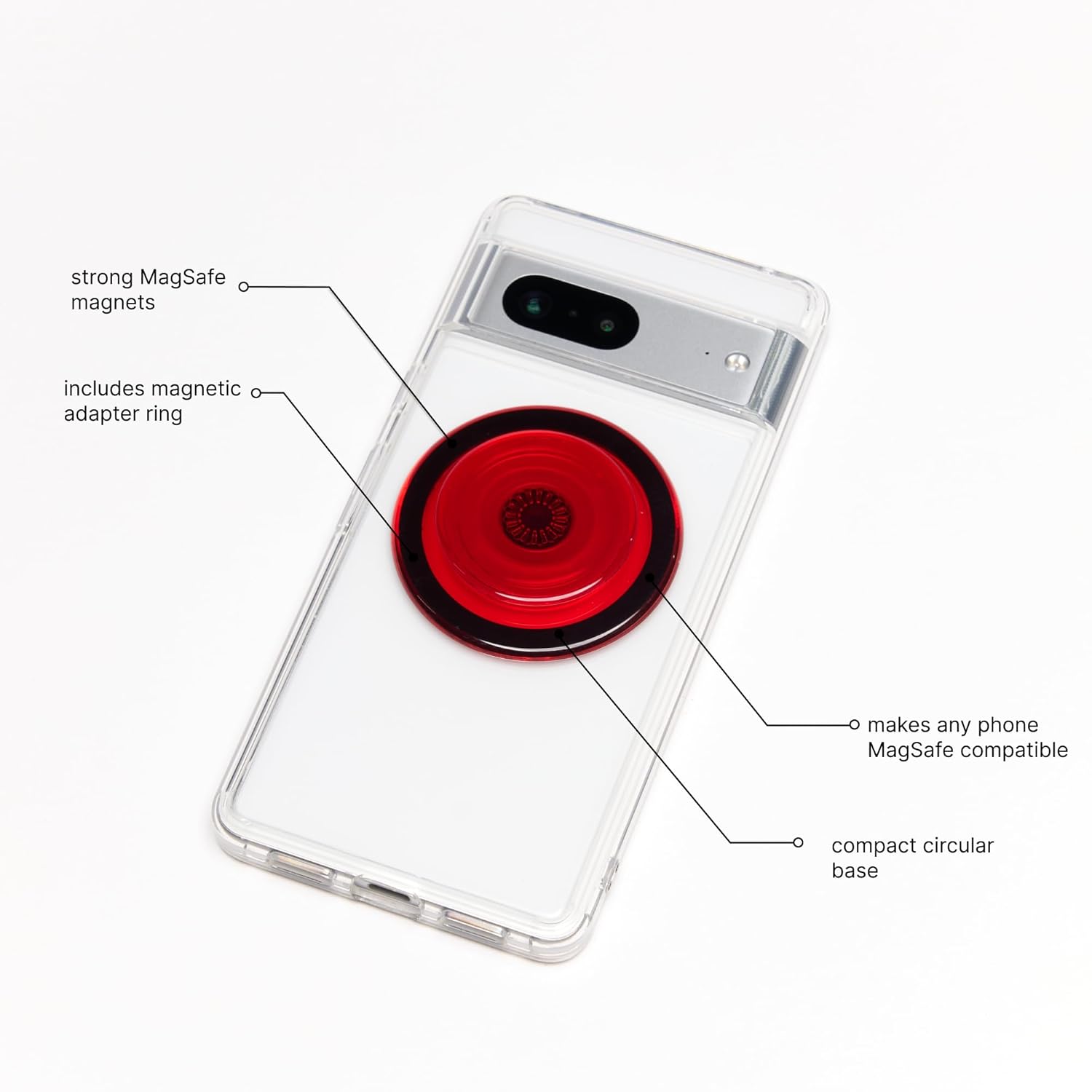 A clear smartphone case with a red circular PopSocket grip attached. The image highlights features such as strong MagSafe magnets, a magnetic adapter ring, a compact circular base, and compatibility that makes any phone MagSafe-compatible.