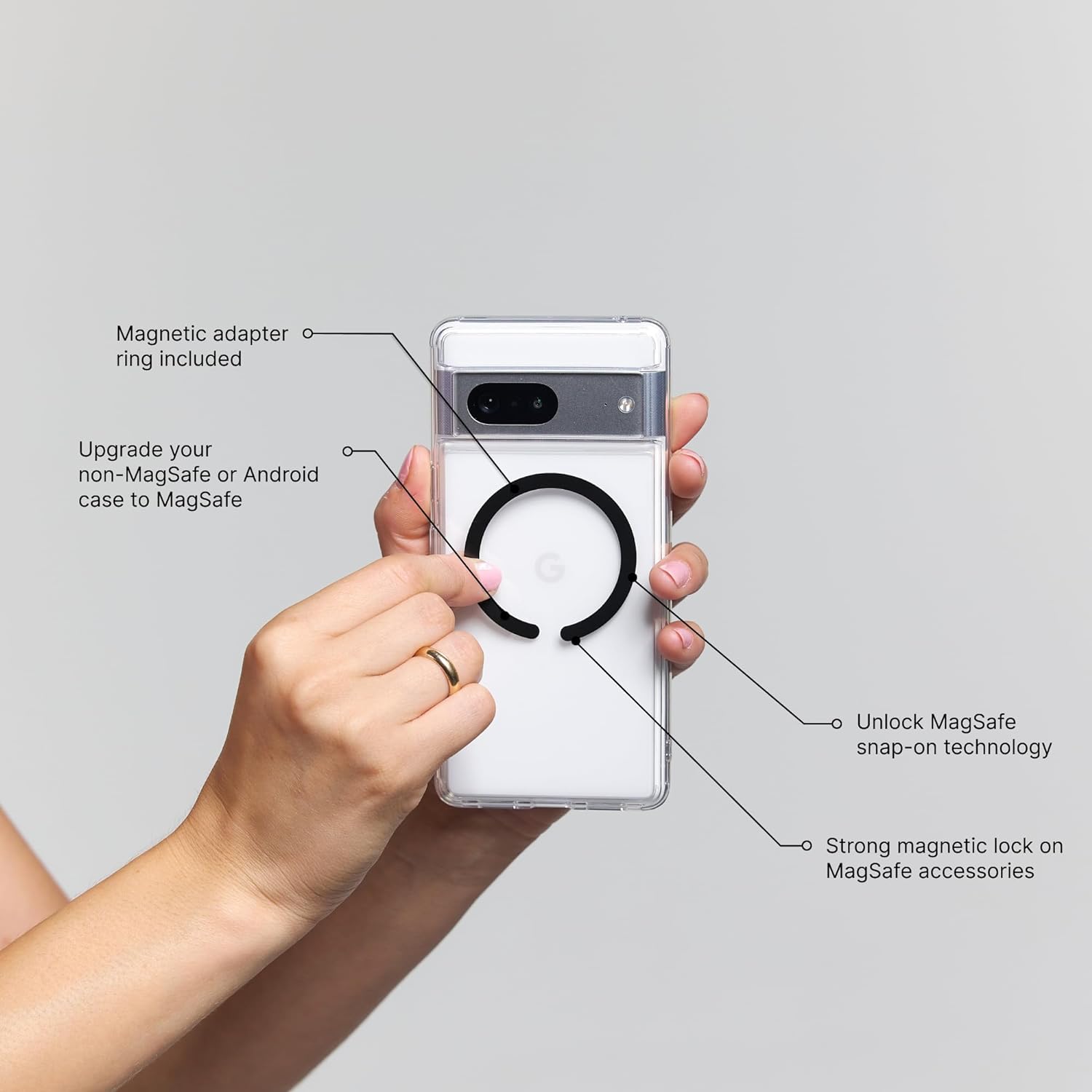 The image shows a **Google Pixel phone** with a **MagSafe-compatible adapter ring** attached to its case. It upgrades non-MagSafe devices to work with **MagSafe accessories**, offering strong magnetic lock and snap-on technology for secure attachment.