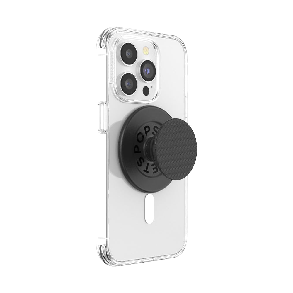 A smartphone with a clear case featuring an extended black PopSocket grip with a textured circular top and "PopSockets" branding, offering a sleek and functional design for secure phone handling and stand versatility.