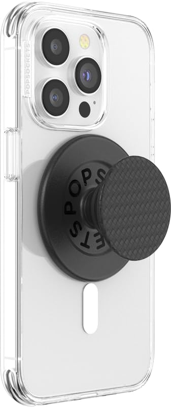 A smartphone with a clear case featuring an extended black pop-up grip with a textured circular surface and "PopSockets" branding, offering a functional and stylish accessory for secure handling and stand capabilities.