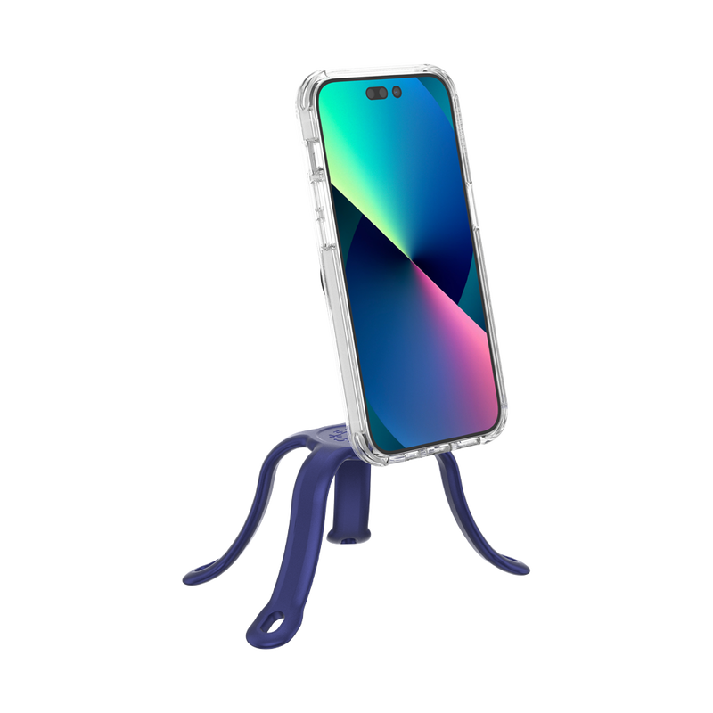  French Navy PopSockets Flex Mount holding a smartphone with a colorful screen in a clear case. The mount's flexible legs are positioned to support the phone upright on a flat surface. The phone is shown from the front, highlighting the screen and the mount's design. The setup demonstrates the mount's capability to securely hold the smartphone in a stable, upright position.