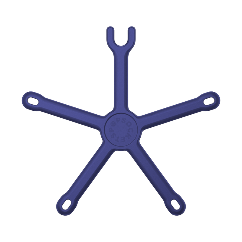 French Navy PopSockets Flex Mount laid flat, showing its flexible, starfish-like design. The mount has a circular center with five adjustable legs extending outward, each with a loop at the end. The upper section designed to hold a smartphone is also visible, positioned in the center. The mount is colored in a dark navy blue, displaying its versatile and bendable structure.