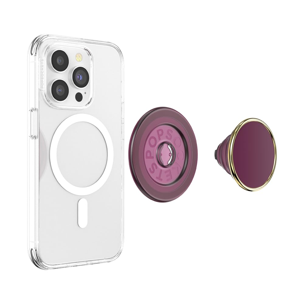 A smartphone with a clear MagSafe-compatible case shown alongside a detachable maroon PopSocket base and a glossy circular top with a gold metallic rim, showcasing its modular design for elegant style and secure functionality.