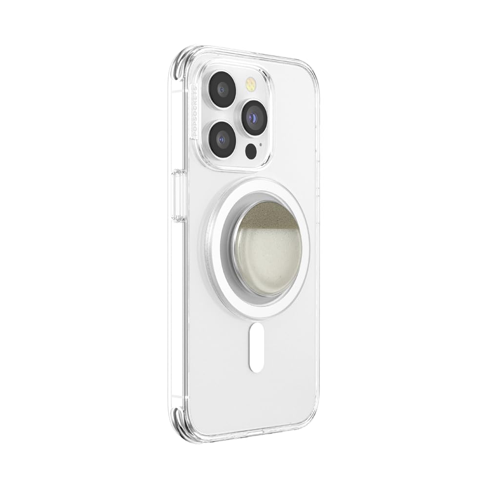 A clear smartphone case featuring a two-tone PopSocket grip with a metallic silver rim and a cream-colored top, providing both style and functionality. This design offers a modern, clean aesthetic with a subtle, neutral color palette.