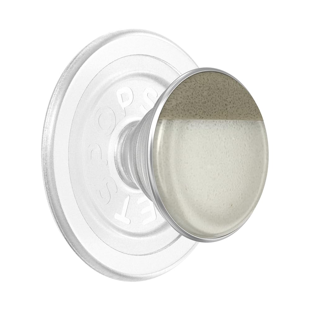 A PopSocket grip featuring a two-tone design with a smooth metallic silver rim. The upper part has a translucent layer with light bubbles, while the bottom part features a solid, creamy color. This design offers a unique, modern look with functional grip and versatility.