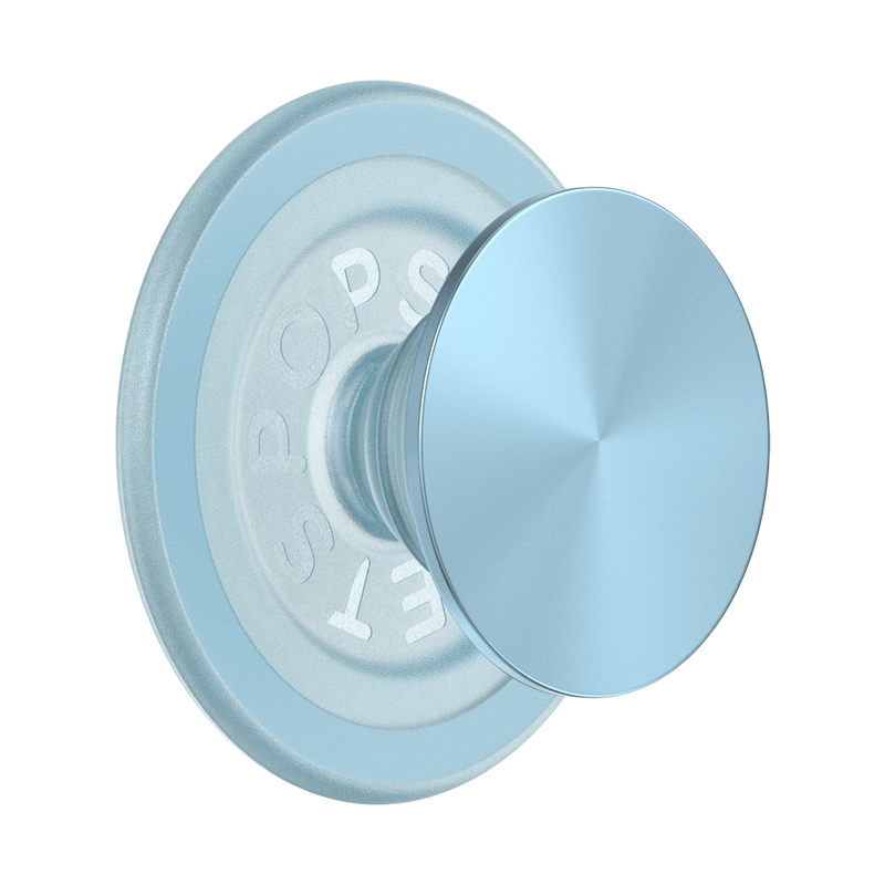 A PopSockets MagSafe PopGrip in blue sigh color is shown against a plain background. The grip features a round, flat surface with a glossy, slightly reflective finish and the PopSockets logo embossed on the inner ring. The soft blue color gives the PopGrip a sleek and modern appearance. The design allows for easy attachment and removal from a MagSafe-compatible device.