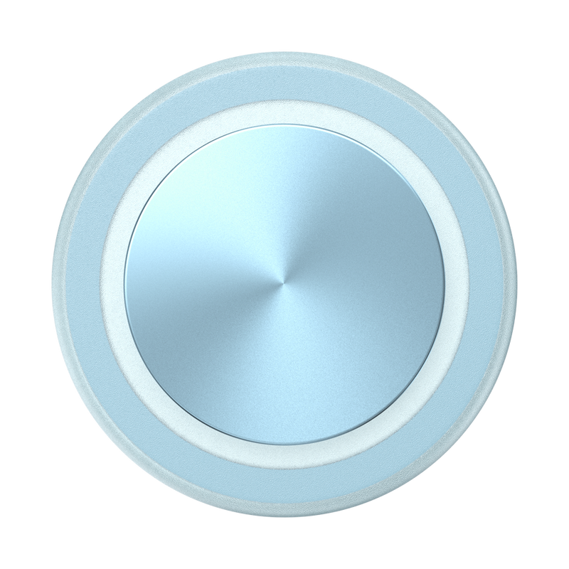 A close-up view of a PopSockets MagSafe PopGrip in blue sigh color is shown. The grip features a round, flat surface with a glossy, slightly reflective finish. The soft blue color and the concentric circular design give the PopGrip a sleek and modern appearance, emphasizing its elegant and functional design.