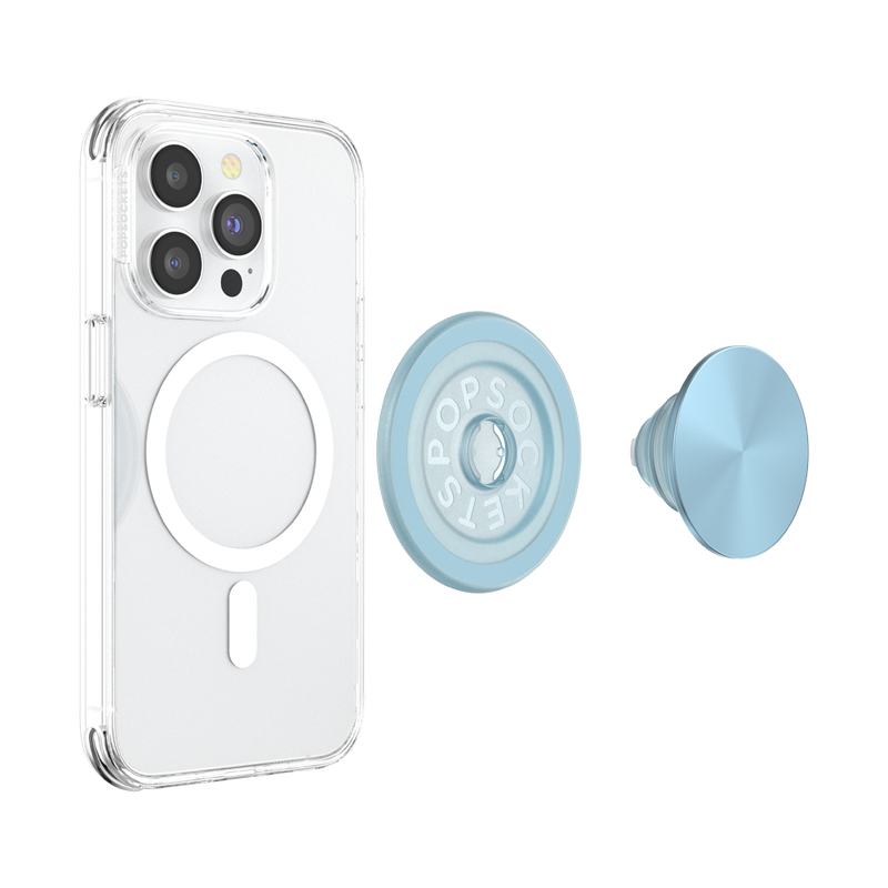 A smartphone with a clear case is shown next to a disassembled PopSockets MagSafe PopGrip in blue sigh color. The phone's back displays the MagSafe alignment ring, indicating its compatibility with MagSafe accessories. The PopGrip is separated into two parts: the round base with the PopSockets logo and the extendable grip with a glossy soft blue surface. The clear case allows visibility of the phone's details and the MagSafe ring, highlighting the PopGrip's stylish and functional design