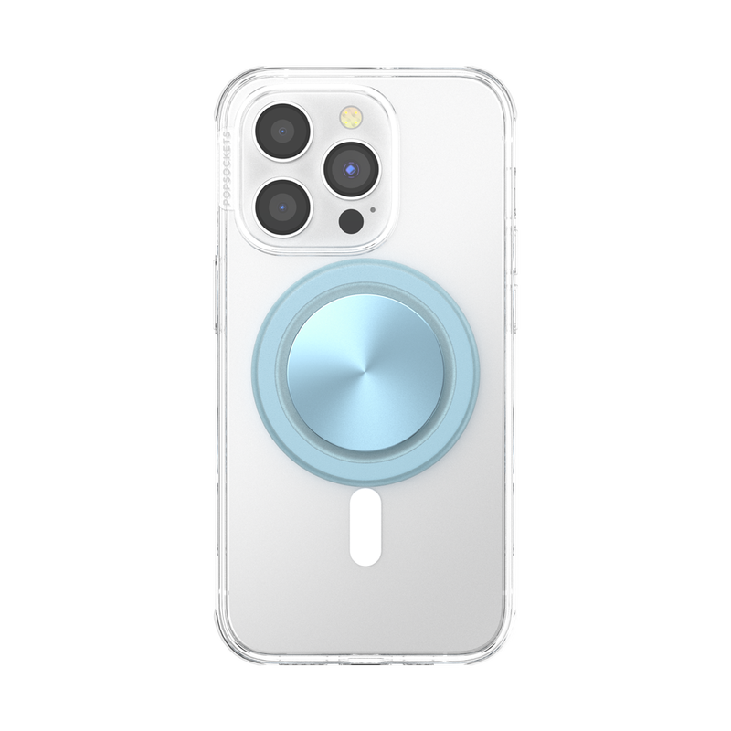  A smartphone with a clear case is shown with a PopSockets MagSafe PopGrip in blue sigh color attached to its back. The PopGrip features a glossy, slightly reflective soft blue surface, positioned centrally on the phone's back. The phone's camera lenses are visible at the top, highlighting the PopGrip's sleek and modern design, which complements the phone's aesthetics while providing a functional grip.