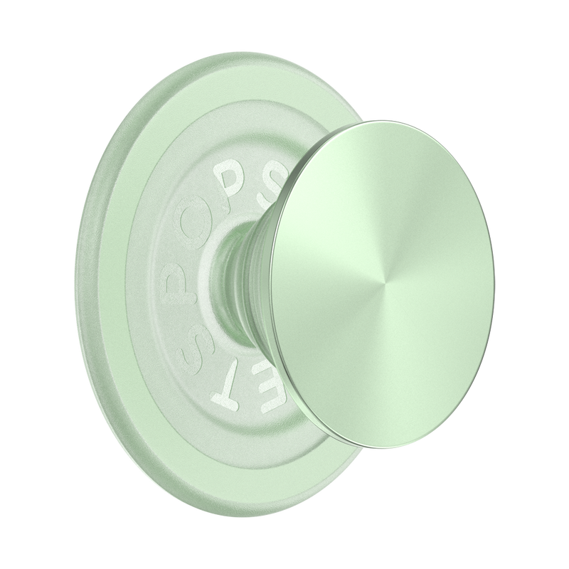 A French Navy PopGrip for MagSafe in honey dew color is shown against a plain background. The grip features a round, flat surface with a glossy, slightly reflective finish and the PopSockets logo embossed on the inner ring. The soft green color gives the PopGrip a fresh and modern appearance. The design allows for easy attachment and removal from a MagSafe-compatible device