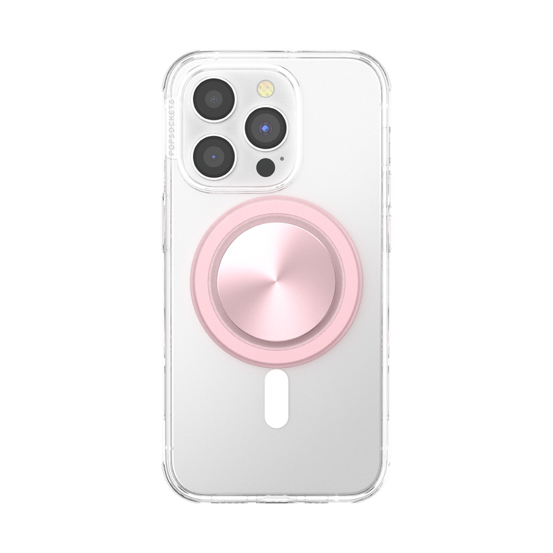 A smartphone with a clear case is shown with a PopSockets MagSafe PopGrip in dusty rose color attached to its back. The PopGrip features a glossy, slightly reflective soft pink surface, positioned centrally on the phone's back. The phone's camera lenses are visible at the top, highlighting the PopGrip's sleek and modern design, which complements the phone's aesthetics while providing a functional grip.