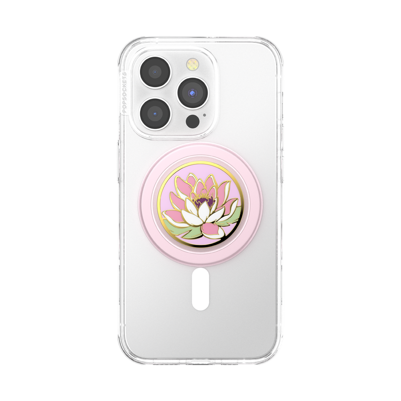 PopSockets Enamel Water Lily PopGrip for MagSafe attached to a phone, showcasing a stunning pink water lily design, providing secure MagSafe attachment and enhanced grip for easy handling.