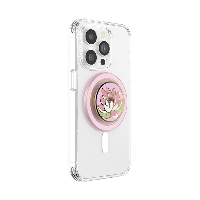 PopSockets Enamel Water Lily PopGrip for MagSafe attached to a phone, showcasing a stunning pink water lily design, providing secure MagSafe attachment and enhanced grip for easy handling.