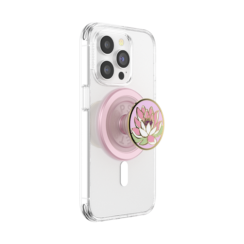 PopSockets Enamel Water Lily PopGrip for MagSafe attached to a phone, featuring a beautiful pink water lily design and a MagSafe-compatible base for secure attachment and enhanced phone grip.