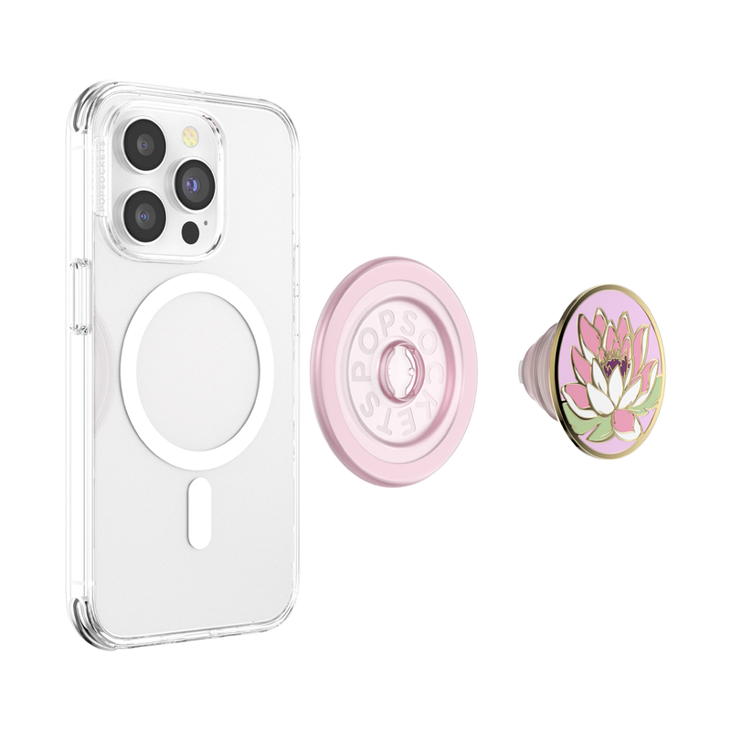 PopSockets Enamel Water Lily PopGrip for MagSafe, showcasing a detachable water lily design in pink with a MagSafe-compatible base for secure attachment and enhanced phone grip.