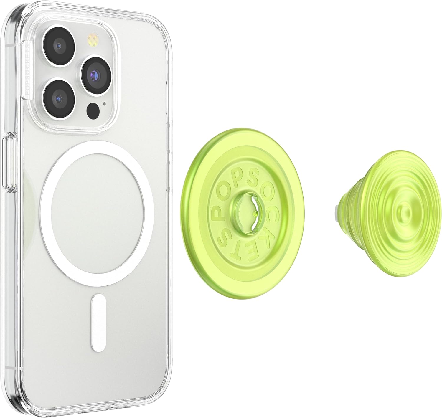 A clear smartphone case accompanied by a lime green PopSocket featuring a detachable design with a spiral pattern, combining style with secure grip functionality and versatility.