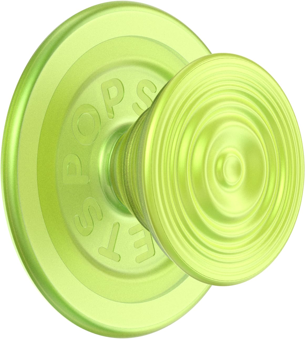 A vibrant, lime green PopSocket with a smooth, metallic finish that reflects light, offering both style and functionality for secure handling and as a versatile stand for your smartphone.