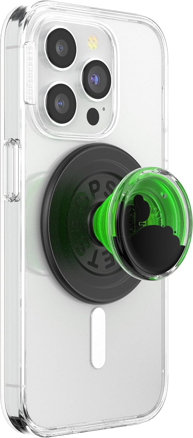 A smartphone in a clear case with a black MagSafe-compatible PopSocket base and a translucent green grip featuring a cloud-like black design. The PopSocket provides secure handling and doubles as a stand, combining bold colors with sleek functionality.