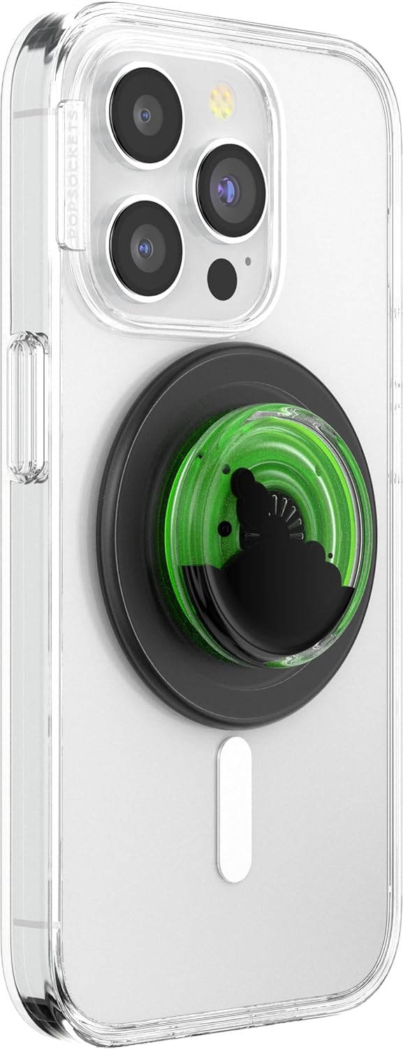 A smartphone encased in a clear case features a black MagSafe-compatible PopSocket base with a glossy green translucent grip. The grip has a cloud-like black design, combining functionality with a modern and stylish aesthetic.