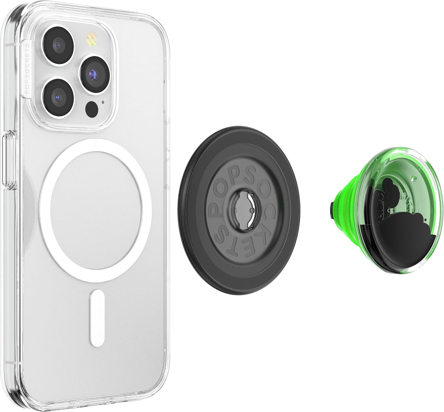 A smartphone with a clear case is shown alongside a black MagSafe-compatible PopSocket base and a detachable green translucent grip with a glossy cloud design. The setup highlights the versatility and modern style of the accessory.