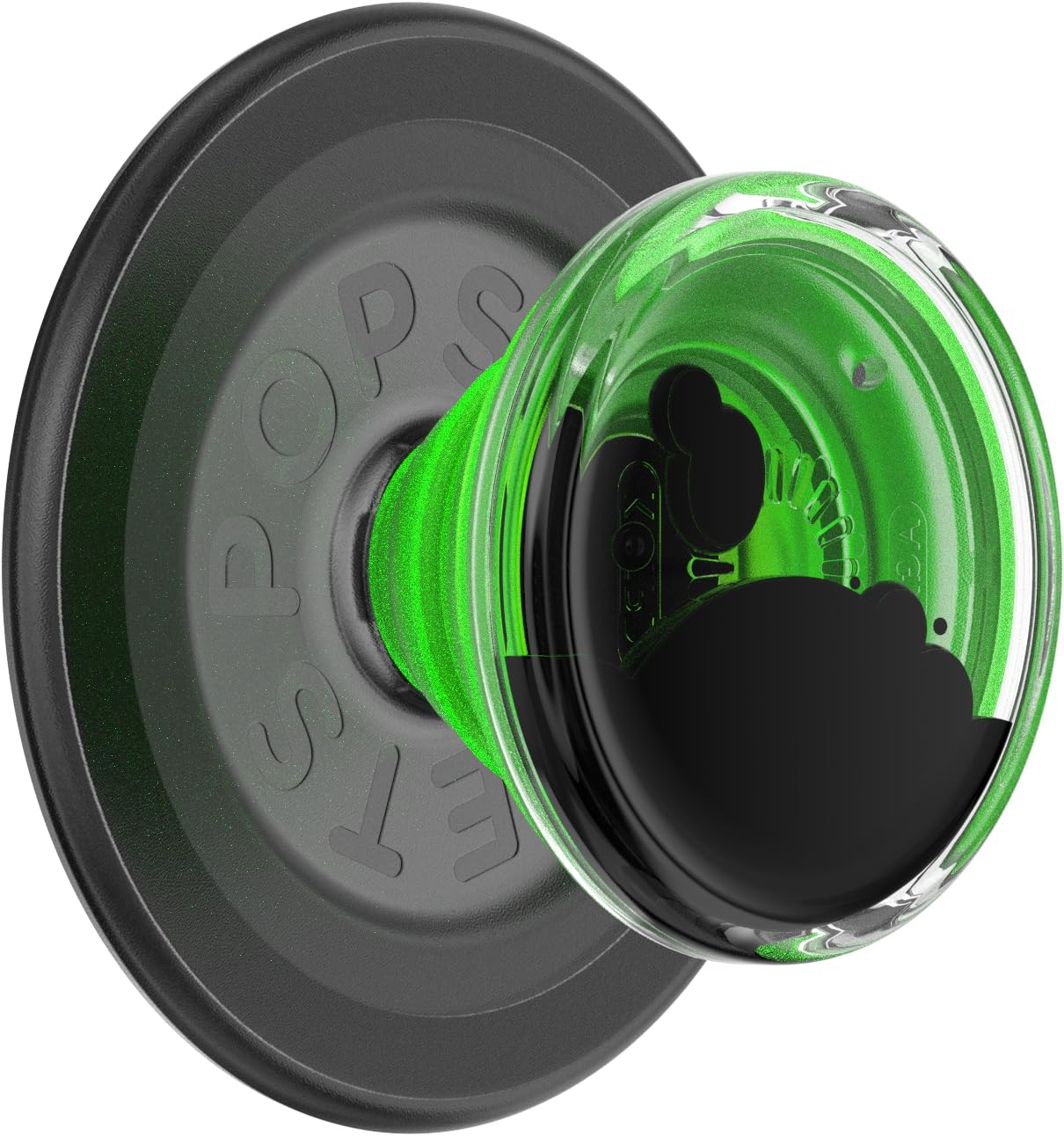 A green and black PopSocket grip with a translucent design, attached to a black circular base. The grip showcases a glossy finish with a subtle cloud-like design, offering a modern and stylish appearance.