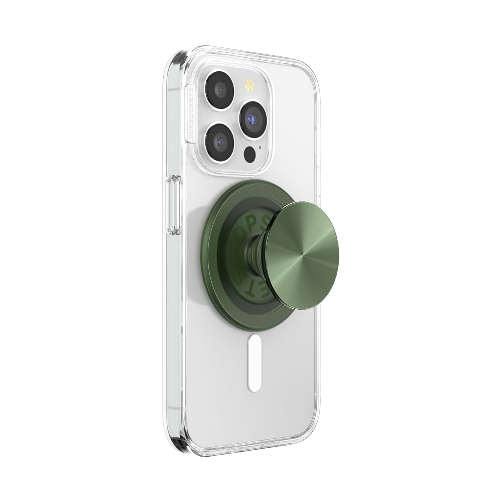 This image shows a **clear MagSafe-compatible phone case** with a **green metallic PopSocket** extended outward. The PopSocket features a brushed metal surface, offering both functionality and a stylish design. The magnetic attachment allows for easy installation, removal, and repositioning while providing a secure grip for the phone.