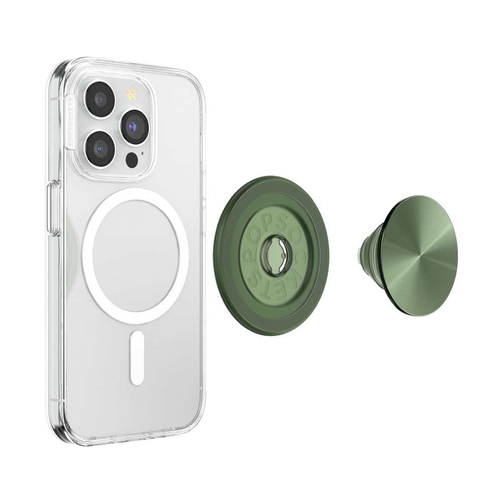 This image showcases a **clear phone case** compatible with **MagSafe technology**, along with a **green metallic PopSocket** and its **interchangeable base**. The PopSocket features a **brushed metal finish** for a sleek look and attaches magnetically, making it convenient to swap or remove for wireless charging. The setup enhances phone grip, functionality, and style.