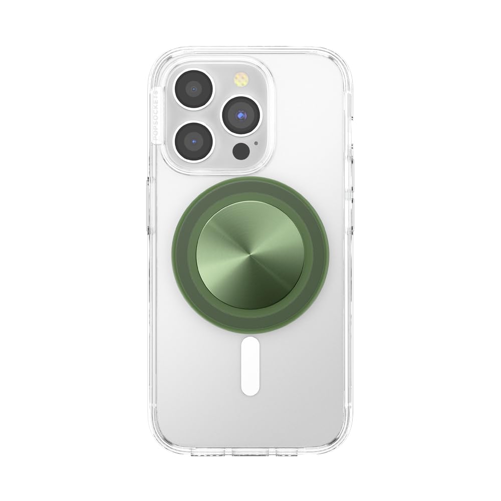 This image displays a **clear phone case** equipped with a **green metallic PopSocket grip**. The PopSocket features a **sleek, brushed metal finish** with a circular gradient, matching the green PopSocket base. The accessory is attached via MagSafe compatibility, enhancing the phone's style while providing functionality for improved grip and convenience.