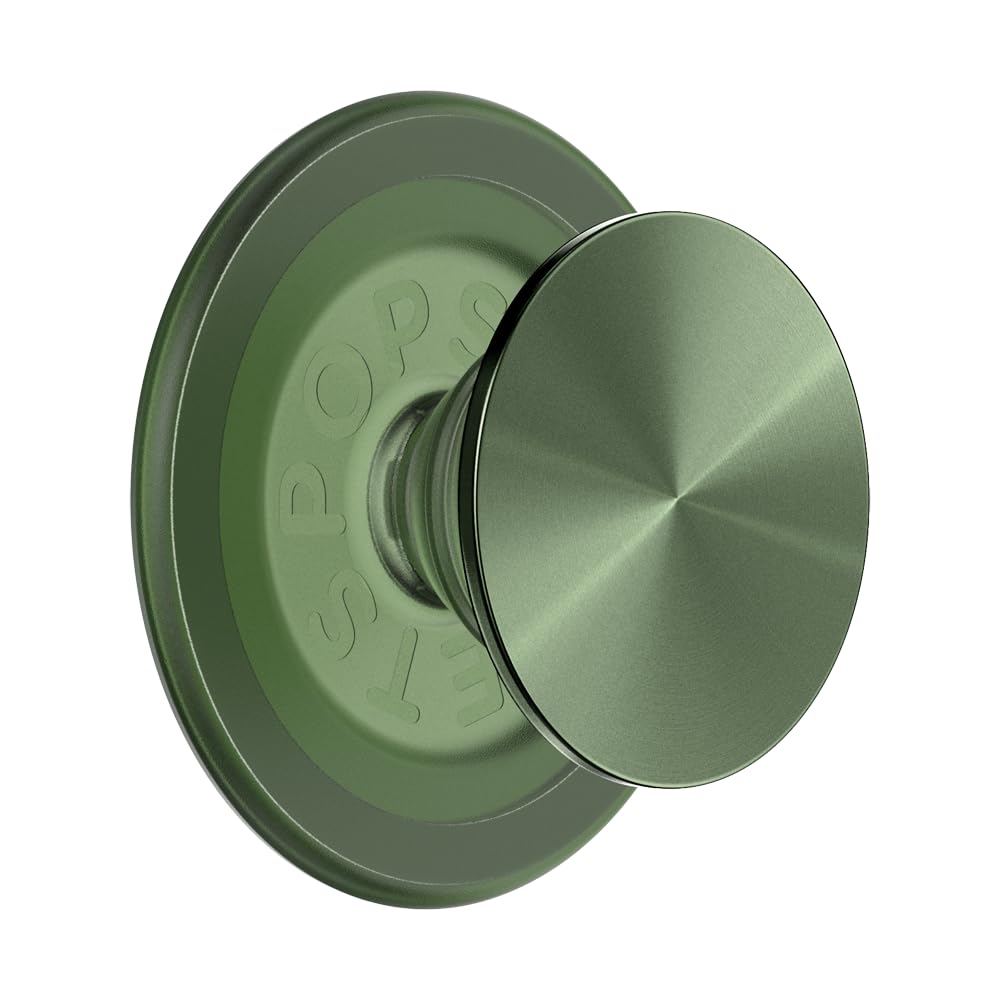 This image showcases a **green metallic PopSocket grip** attached to a matching **green PopSocket base**. The sleek, brushed metal design of the grip adds a modern and premium aesthetic to the accessory, which is compatible with MagSafe technology for easy attachment and removal. It combines style with functionality for enhanced phone grip and convenience.