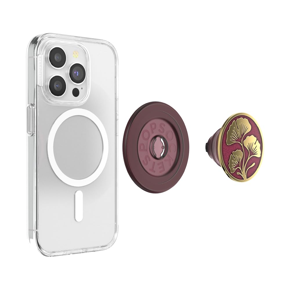 This image showcases a **clear phone case** paired with a **magnetic PopSocket system** featuring a removable PopTop. The PopTop has an elegant design with **golden ginkgo leaves** on a **maroon background**, giving it a luxurious and nature-inspired look. The image also highlights the versatility of the PopSocket system, with its **base and interchangeable top**, allowing for both style and functionality.