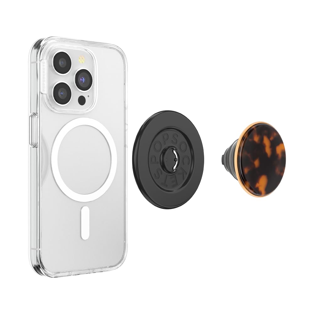 A clear smartphone case with a MagSafe-compatible ring shown alongside a black base and a tortoiseshell-patterned pop-up grip, highlighting the detachable and customizable design for stylish and functional phone handling.