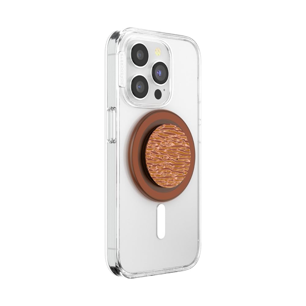 This image features a clear phone case with a MagSafe-compatible PopSocket securely attached. The PopSocket has a **woodgrain-patterned top** in warm, earthy tones and a matte brown base, giving it a natural and textured appearance. The design combines modern functionality with a rustic aesthetic, providing both **style and utility** for a firm grip and magnetic attachment.