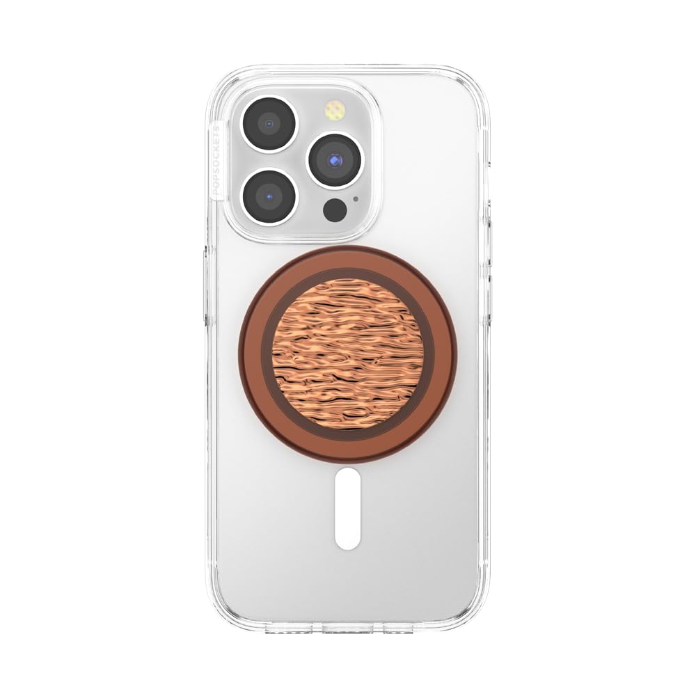 This image features a clear phone case with a circular woodgrain-patterned PopSocket attached to the back. The PopSocket has a detailed wood-like texture in the center with natural, flowing grain lines, surrounded by a deep brown ring that enhances its rustic, elegant aesthetic. The case is transparent, allowing the phone's design to be visible, while the PopSocket adds both a stylish accent and functional grip for the device. The overall design combines modern minimalism with a natural, earthy theme.