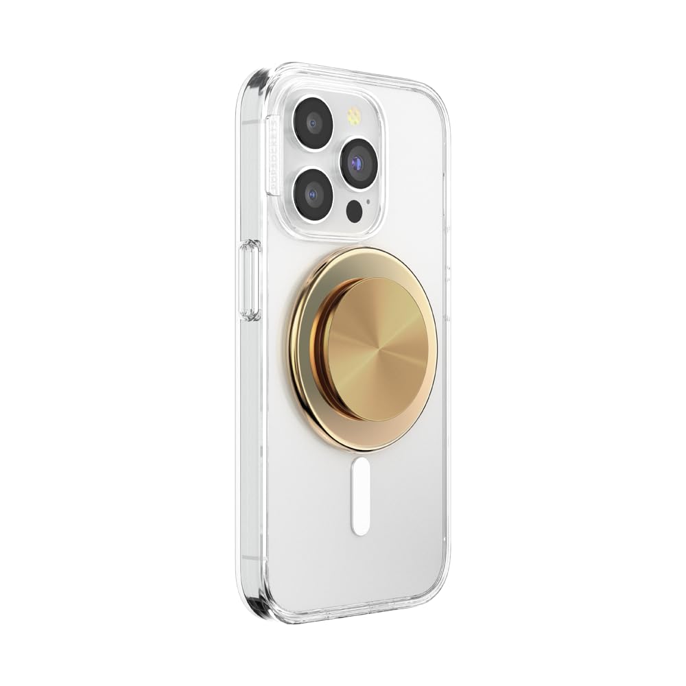 A smartphone with a clear case featuring a cream-colored PopSocket grip with a gold metallic rim, offering a blend of elegance and functionality for secure handling and versatile stand use. 