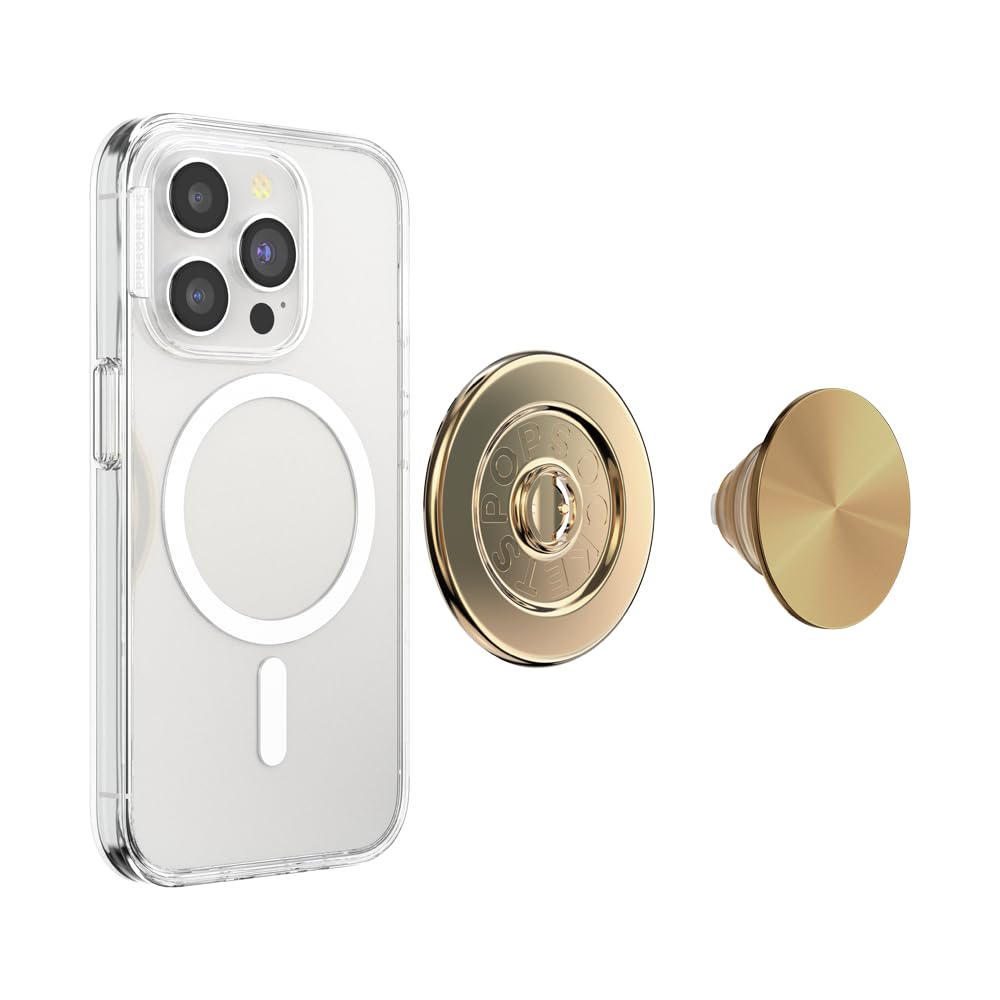 A smartphone with a clear case featuring a cream-colored PopSocket grip with a gold metallic rim, offering a blend of elegance and functionality for secure handling and versatile stand use. 