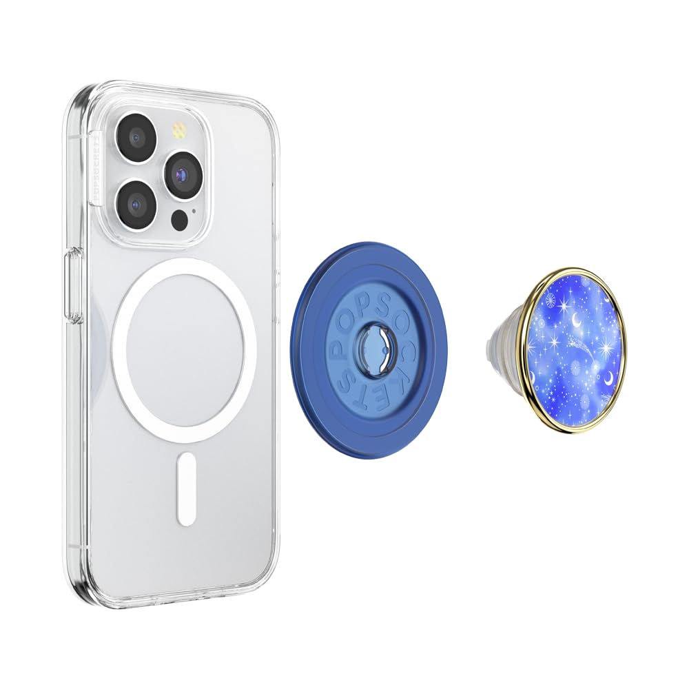 A smartphone with a clear case and a detachable blue PopSocket grip featuring a cosmic design. The grip displays a starry night theme with moons, stars, and a gold metallic rim, combining elegance and practicality. The detachable components are showcased separately.