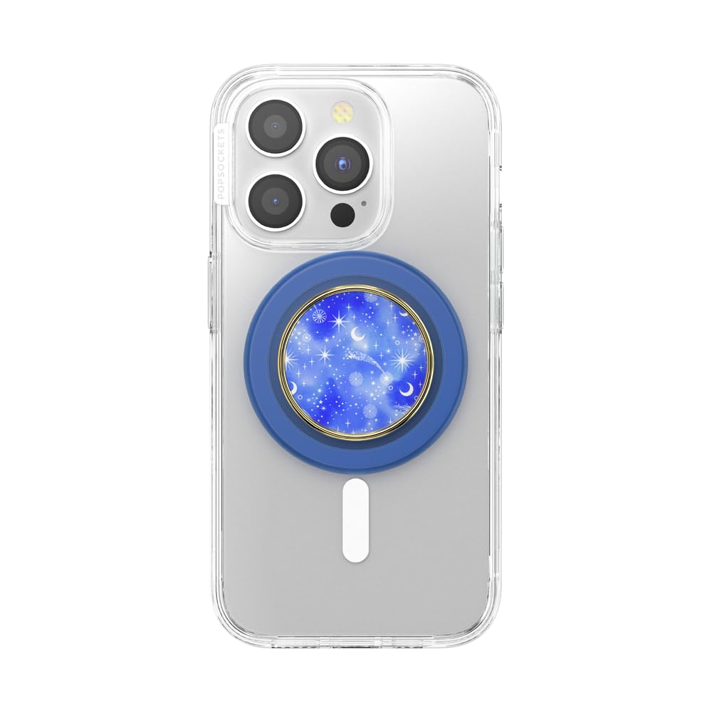 A smartphone with a clear case featuring a blue PopSocket grip. The grip is adorned with a celestial design showcasing a gold-rimmed vivid blue center with moons, stars, and cosmic patterns, providing a stylish and functional accessory for secure handling and stand use.