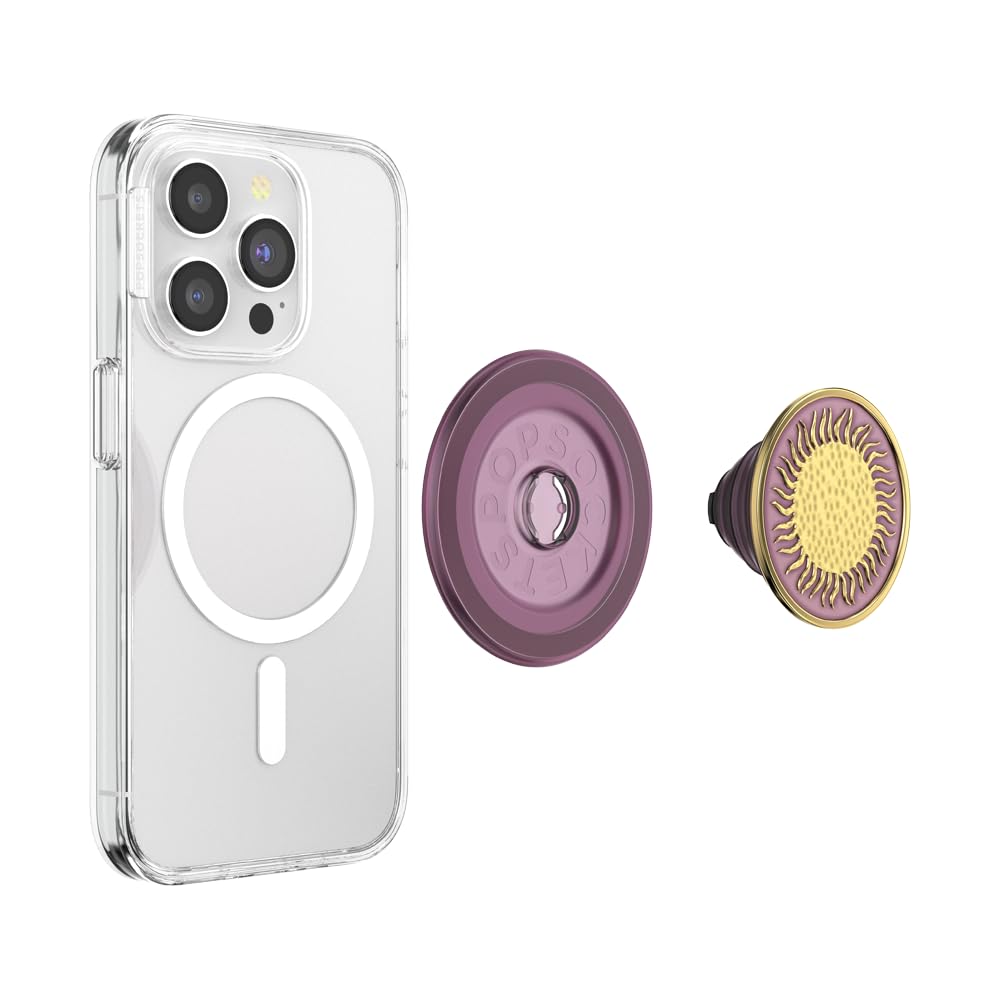 A smartphone with a clear case featuring a purple PopSocket grip adorned with a gold sunburst design, offering a blend of elegance and functionality for secure handling and versatile stand use. 