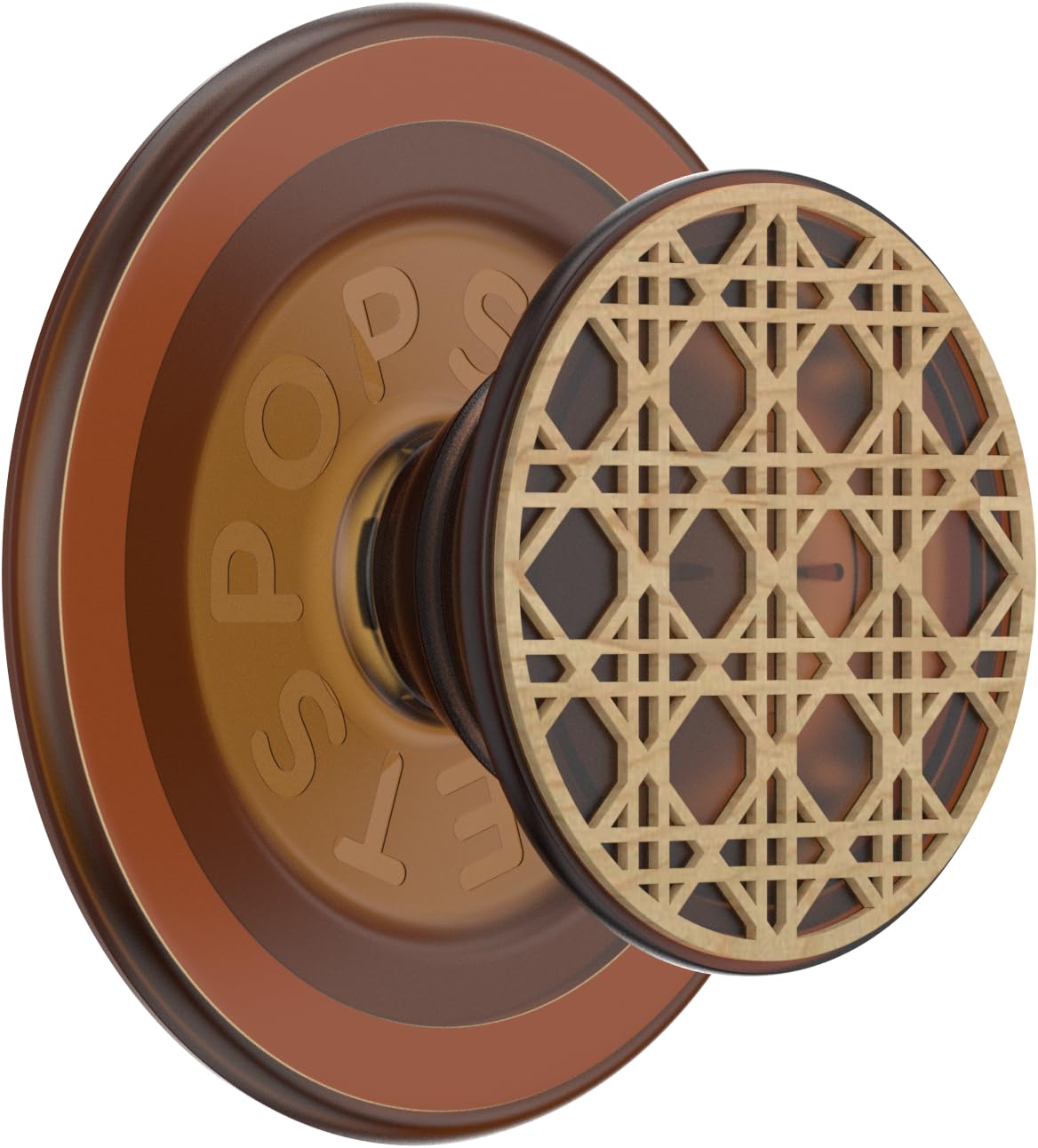 A PopSocket grip with a brown and bronze base featuring a decorative wooden lattice top. The intricate grid-like pattern adds a rustic and sophisticated touch, blending natural textures with modern utility.