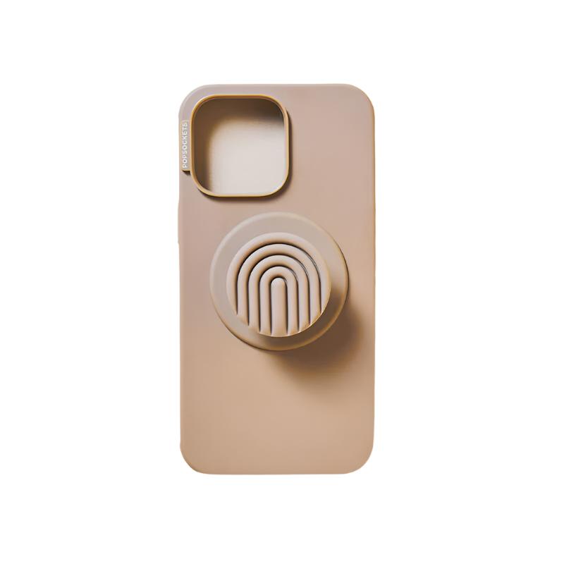 A beige phone case with a PopOut Latte Curves PopGrip attached is displayed. The PopGrip features a latte-colored design with curved lines, providing a stylish and functional accessory for securely holding the phone