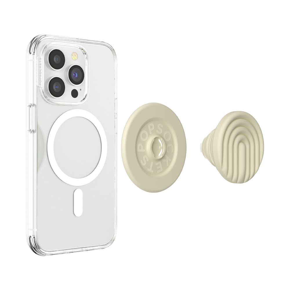 Clear MagSafe case for a sleek, transparent look while showcasing the phone's design.
MagSafe adapter ring (middle) that allows compatibility with the PopSocket for easy attachment and removal.
Beige PopSocket with a rounded, ergonomic arch shape for comfortable use.