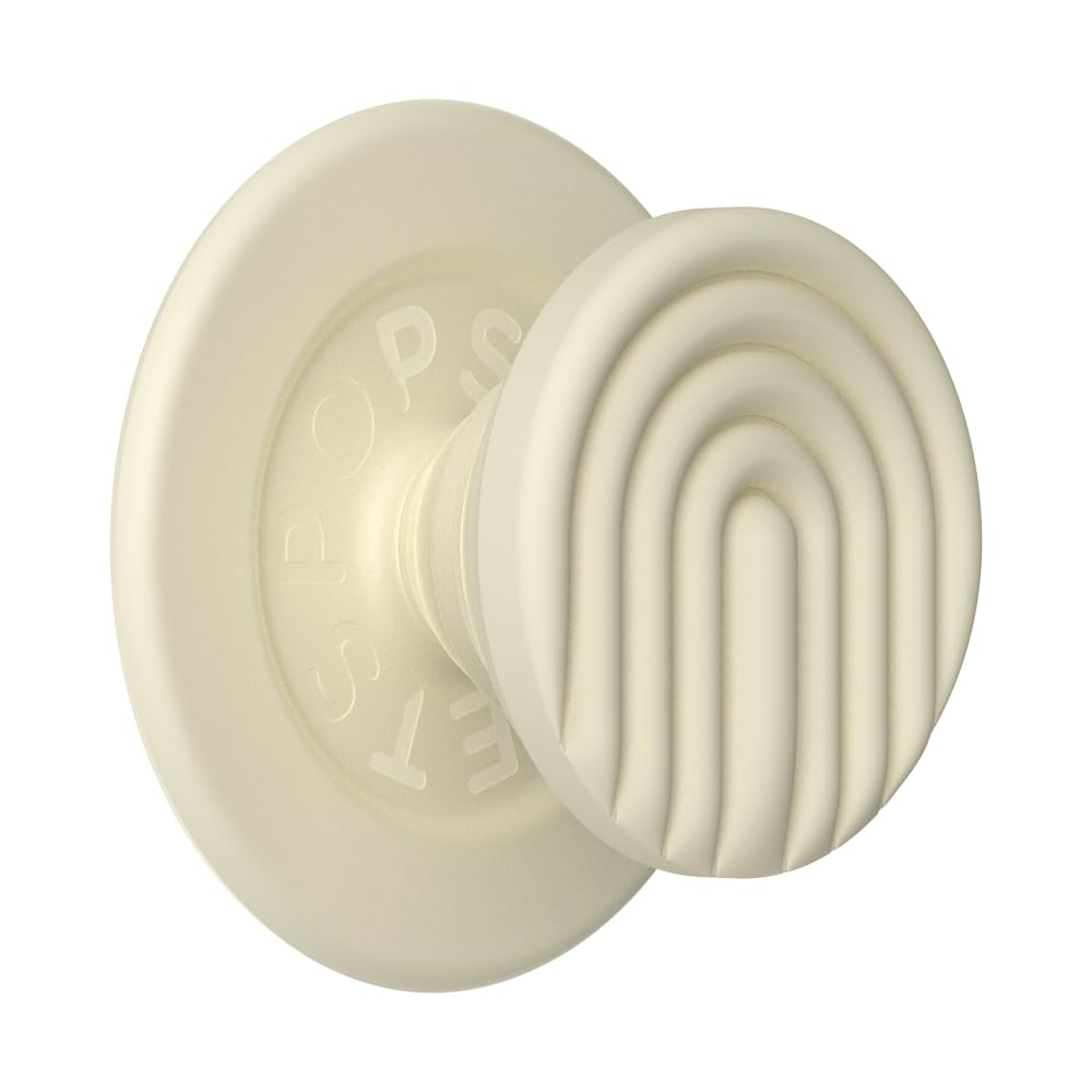 This image showcases a pale yellow PopSocket with a textured, raised arch design, viewed from an angled perspective. The PopSocket features a soft, neutral tone and a modern, ergonomic structure, providing both a stylish aesthetic and practical functionality. The curved ridges offer a tactile surface for a secure and comfortable grip, making it ideal for holding and stabilizing smartphones or tablets. The base of the PopSocket is also visible, showing its sturdy, circular attachment point.