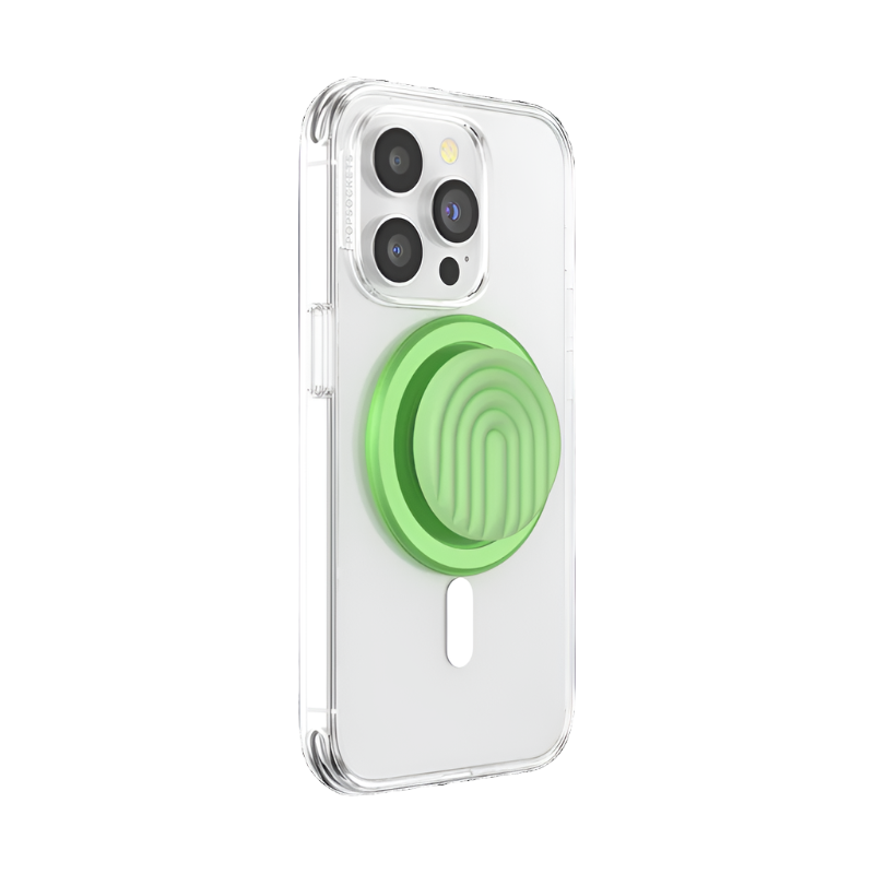 A clear phone case is shown attached to a smartphone with a PopOut Curves Matcha Dew PopGrip for MagSafe. The PopGrip, featuring a light green color with curved lines, is fully extended, providing a secure and stylish hold for the device