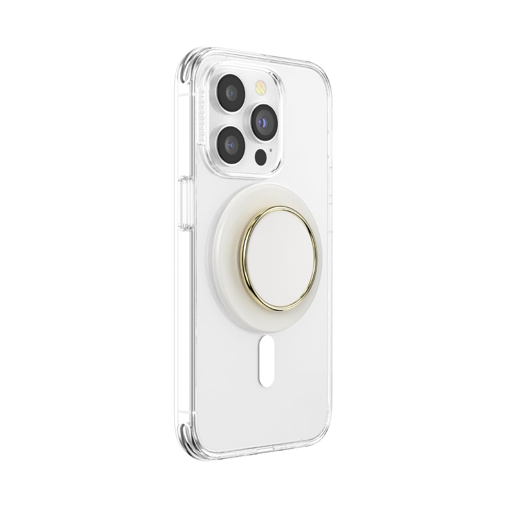 A smartphone with a clear case featuring a cream-colored PopSocket grip with a shiny gold metallic rim, designed for comfortable handling and sleek aesthetic appeal.