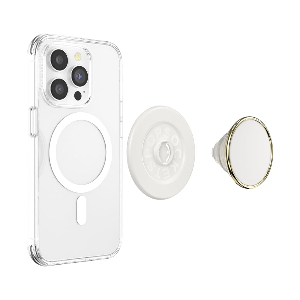 A smartphone with a clear case, a detachable cream-colored PopSocket grip featuring a gold metallic rim, and a modular PopSocket base, offering stylish convenience and enhanced phone handling.